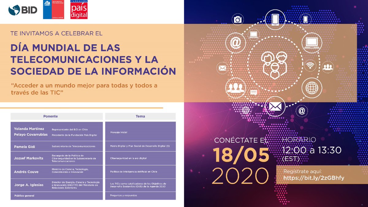 yolamtzm's tweet photo. A través de las #TIC podemos acceder a un mundo mejor para todas y todos. Conmemora este #DíaMundialDeLasTelecomunicaciones sumándote al seminario con @el_BID, @acouvecorrea, @pamgidi, @pcovarrubias y Jorge Iglesias. 

Regístrate en ➡ https://t.co/gDnKkcxEUn #Connect2030 https://t.co/tb9aYNtA1G