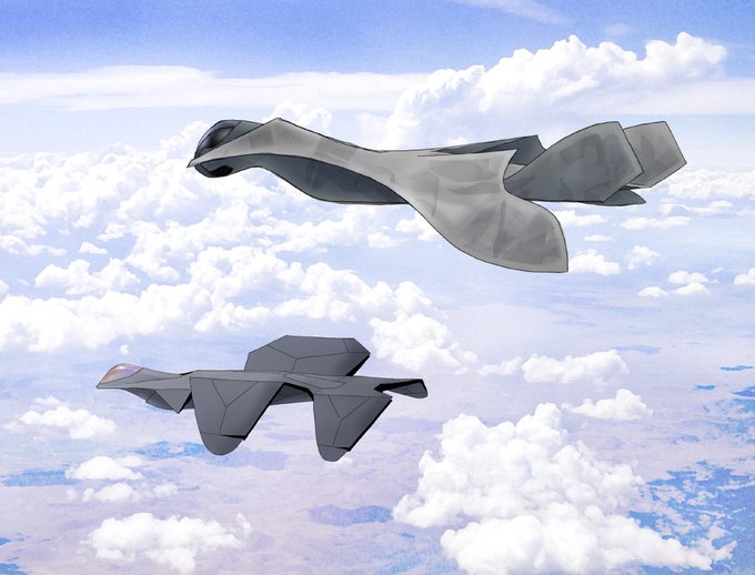 新旧メカ絵再掲なのです〜(^^;;
近未来の全翼可変戦闘機と無人戦闘機のランデブー飛行と浮上機動バイクと機甲兵用機体(1人乗り)の設定表と軍用浮上バイクと言ったところです(*≧▽≦)ノ 