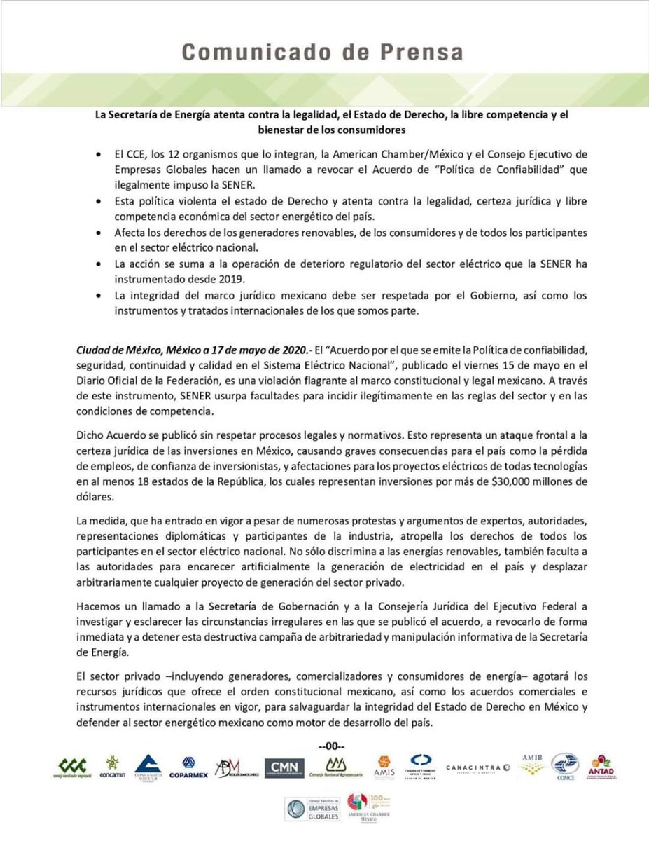 #Comunicado | En CANACINTRA rechazamos el Acuerdo de "Política de Confiabilidad" sobre el sector energético que promovió la <a href="/SENER_mx/">SENER México</a> porque representa un atentado contra el Estado de Derecho, la libre competencia y los derechos de los consumidores.