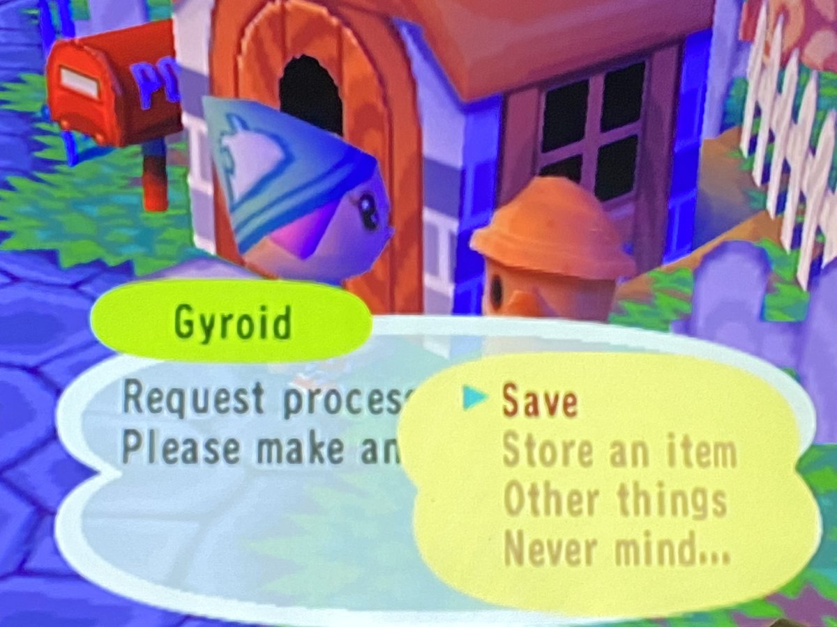 Ok, I think I’m going to stop there for today! Time to sign off! To sign off, you talk to the gyroid outside your front door. You can also store an item and set a message for visitors. When you save you go inside and one of your villagers helps you save/quit!