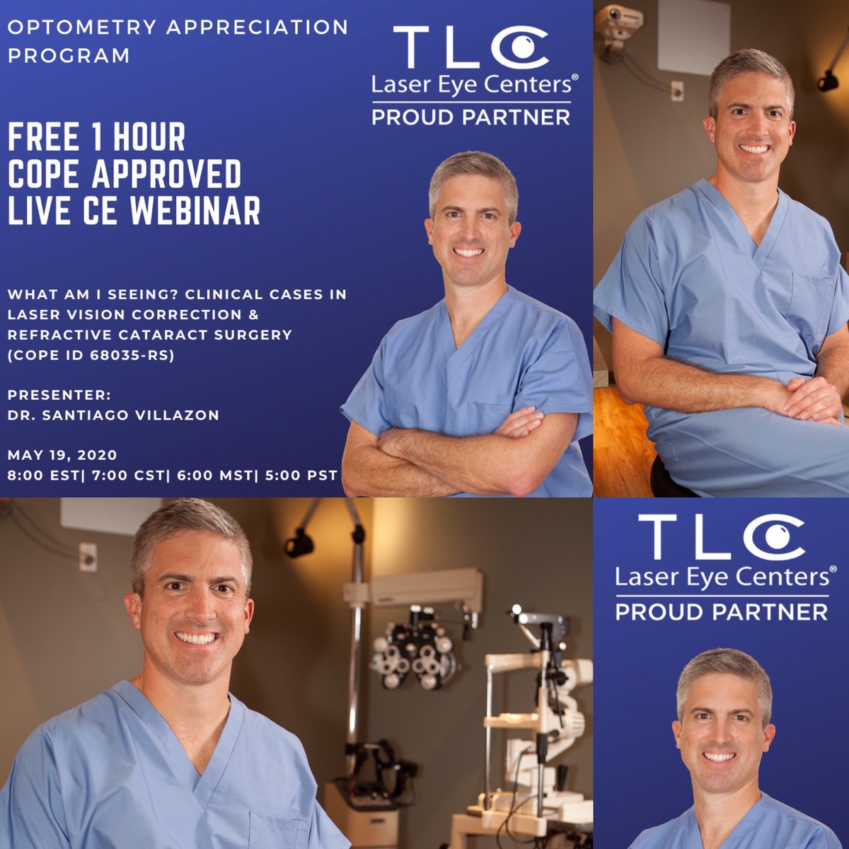 FINAL 4 COUNTDOWN! Pls Share #TLCLaserFreeCE to support #Optometry &amp; ECPs who needs CE during COVID-19👍 On 5/19, Santiago Villazon M.D. from TLC Boston will share Grand Round Cases in Refractive Cataract &amp; Laser Surgeries (Reg👉 bit.ly/3bndxdB)!! #WeAreInThisTogether