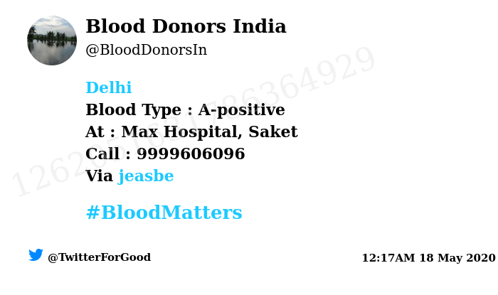 BloodDonorsIn's tweet photo. #Delhi
Need #Blood Type :  A-positive
At : Max Hospital, Saket 
Blood Component : Need Plasma from #COVID19 recovered patient.
Number of Units : 2
Primary Number : 9999606096
Secondary Number : 9212756000
Illness : #Corona
Via: @jeasbe
#BloodMatters
Powered by Twitter https://t.co/GOuFsLTg7m