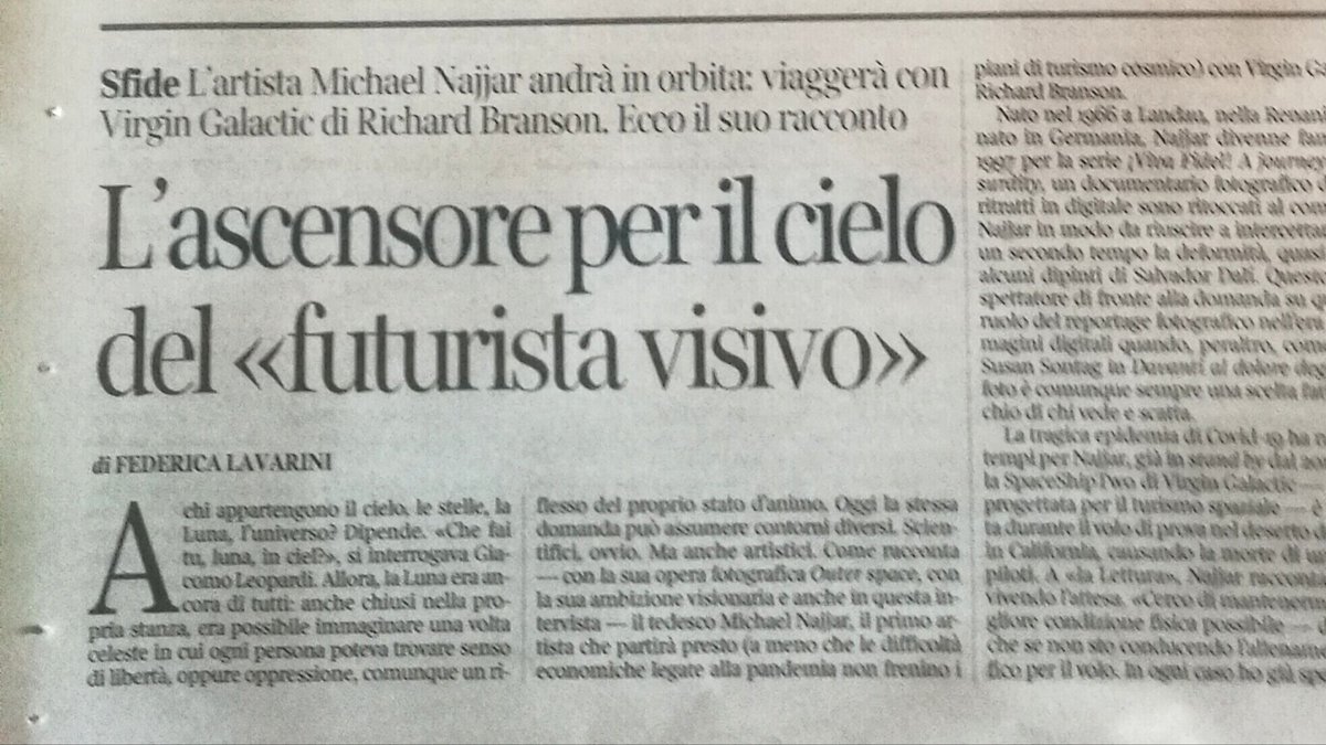 Oggi e per tutta la settimana 
@studio_najjar
 @La_Lettura
@virgingalactic
#firstartistinspace 
#michaelnajjar #outerspace 
#starlinksatellites #universe #light #pollution🚀🛰️📷🪐✨☄️