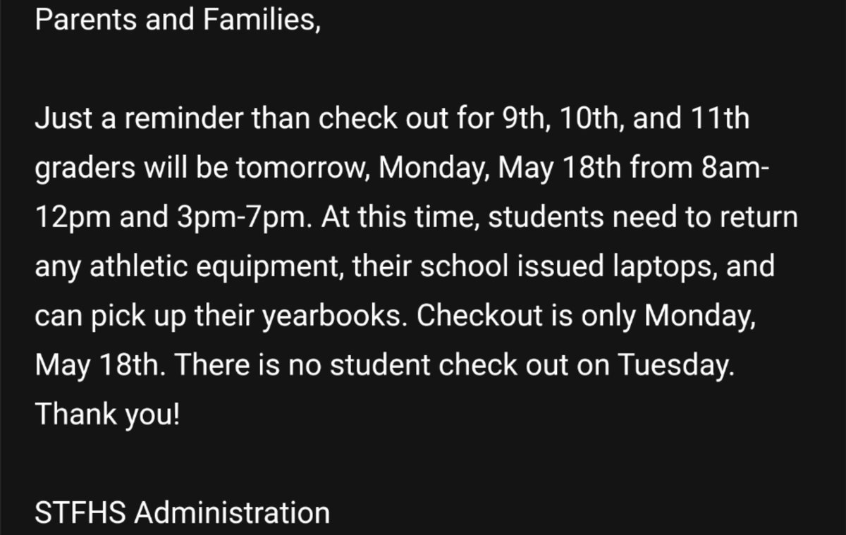 STFHighSchool's tweet photo. Please see below, in response to a ConnectEd that may have contained different information. This is the accurate information. ⬇️👇 https://t.co/RkX0tptMS1