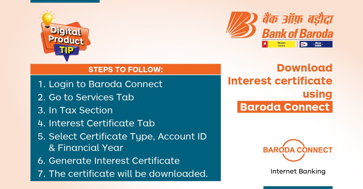 bankofbaroda's tweet photo. Why visit your bank branch to get your interest certificate? You can do it from the comfort of your home using #BarodaConnect internet banking. Follow our #DigitalProductTip and download the certificate now. #GoDigital #StaySafeBankSafe #BankofBaroda https://t.co/GOdby3rxsX