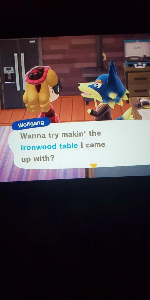 AcnhCasey's tweet photo. Wolfgang is giving away the Ironwood table recipe if anyone wants to come get one. DM me for dodo code #AnimalCrossingNewHorizons https://t.co/nLbbFQd0Po