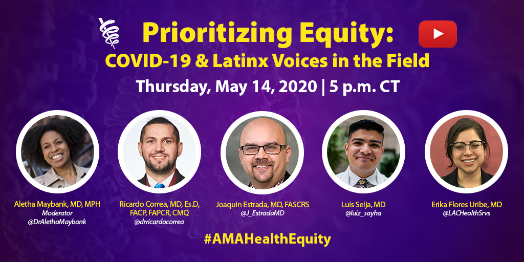 AmerMedicalAssn's tweet photo. In case you missed it, here is the most recent video from our YouTube #healthequity series, featuring Latino/a/x physicians discussing #COVID19's impact on immigrant communities, testing, trends, and equity concerns in health care and beyond. https://t.co/E0UIw96r8U https://t.co/xCrk64yBBP