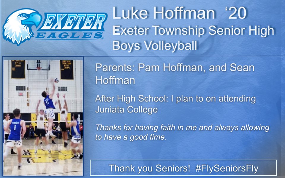 ExeterAthletics's tweet photo. It's Senior Night for our Boys Volleyball Team! Please leave comments and good wishes for Luke, as he moves on to Juniata College!!! #FlySeniorsFly @69Sports @RE_sports @exeter_shs @SpotlightBerks Spotlight On Berks Sports The Exeter Informant https://t.co/SjmI0c8xtB