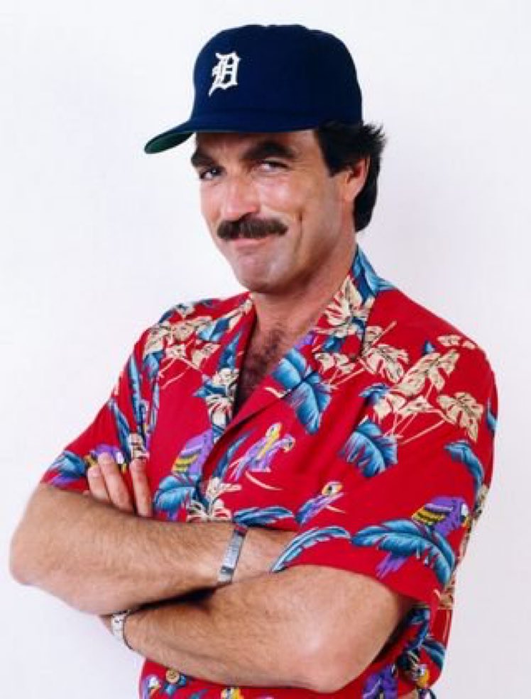 Super70sSports's tweet photo. I’m going to keep saying this until it happens: the Tigers should break out an alternate jersey based on Thomas Magnum's shirt at least once per year. https://t.co/vaPq7VyL0N
