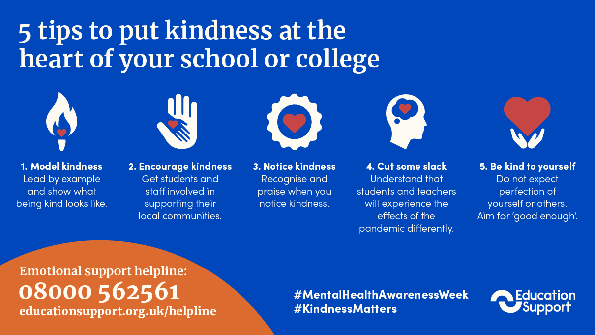 EdSupportUK's tweet photo. Kindness and compassion is needed now more than ever.  

@AdrianBethune shares how to put kindness at the heart of your school, college or university as #MentalHealthAwarenessWeek's theme of #KindnessMatters begins today. 

New blog 👀👉https://t.co/kW4wYiavZ1 https://t.co/uaIkU9QoT5