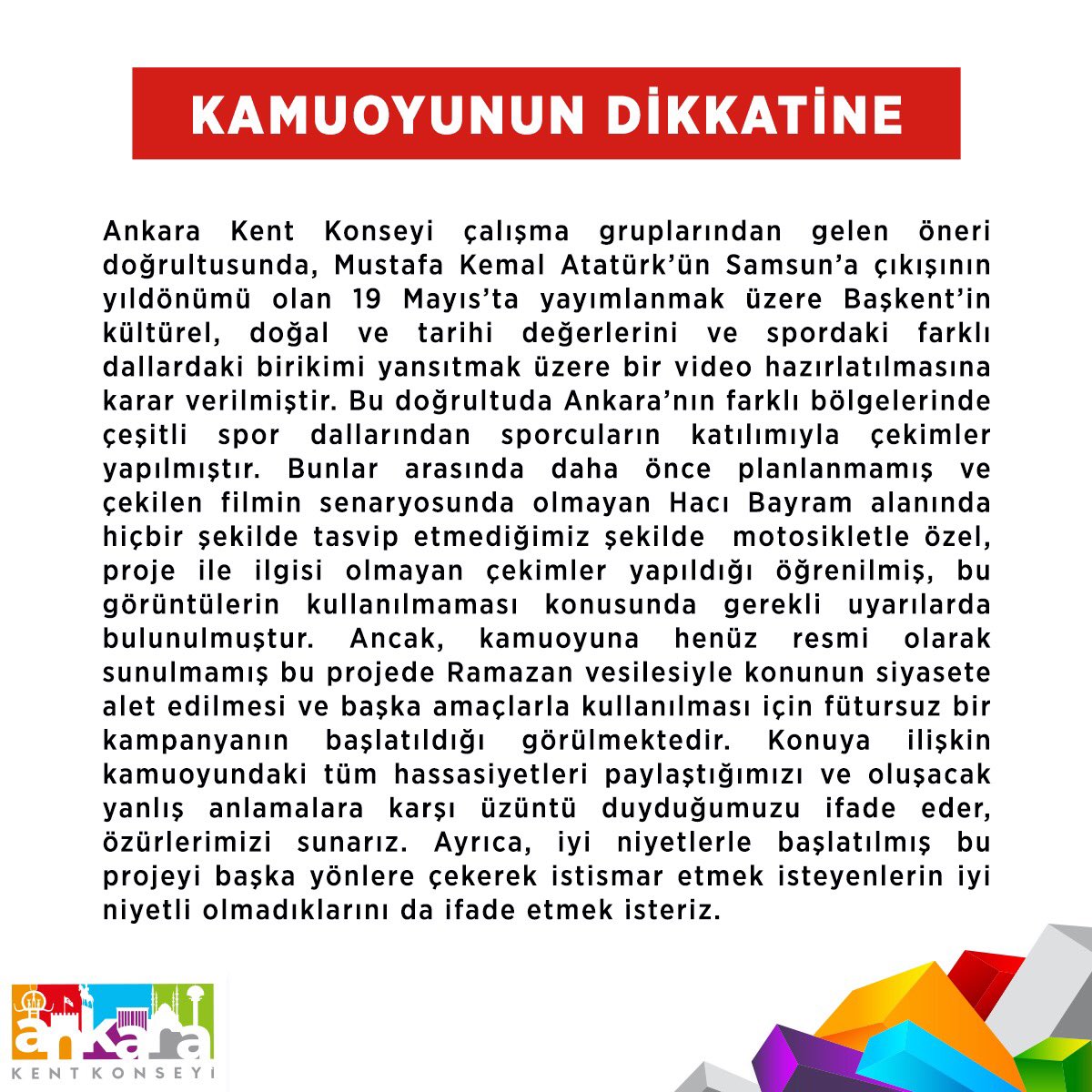 ank_kentkonseyi's tweet photo. KAMUOYUNA BİLGİLENDİRME: 19 Mayıs kutlamalarında kullanılmak üzere #AKK tarafından da desteklenen bir video projesi başlatılmıştır. Ne yazık ki senaryoda olmayan bazı görüntüler belli kesimler tarafından istismar konusu yapılmaya çalışılmaktadır. Açıklamayı dikkatinize sunuyoruz. https://t.co/pp7t6W5aDe