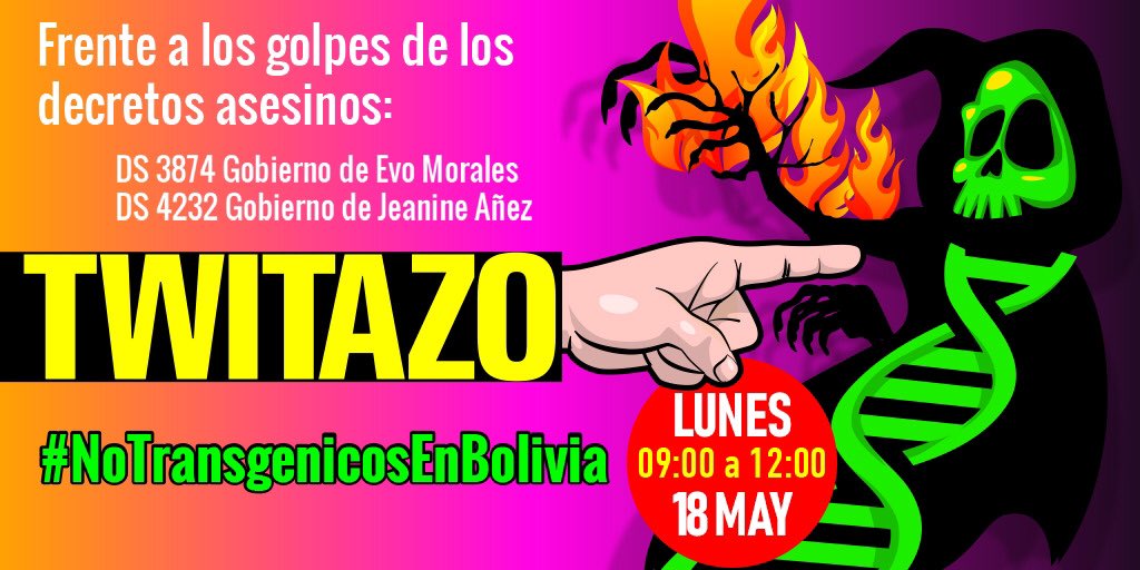 Alejand19926130's tweet image. *TUITAZO LUNES 18 DE MAYO*
Que se comente también en cualquier noticia que compartan medios de comunicacion o ministerios, de 9 a 12 hrs el próximo lunes 18 de Mayo, y saturar todo lo que veamos con #NoTrangénicosEnBolivia 👏🏽😊🌽✊🏽
