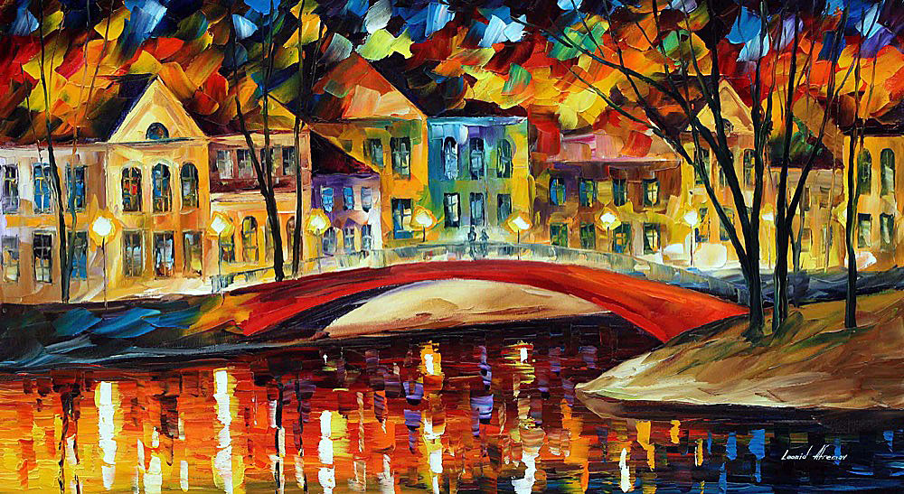 OLD RED BRIDGE — PALETTE KNIFE Oil Painting On Canvas By Leonid Afremov afremov.com/old-red-bridge…