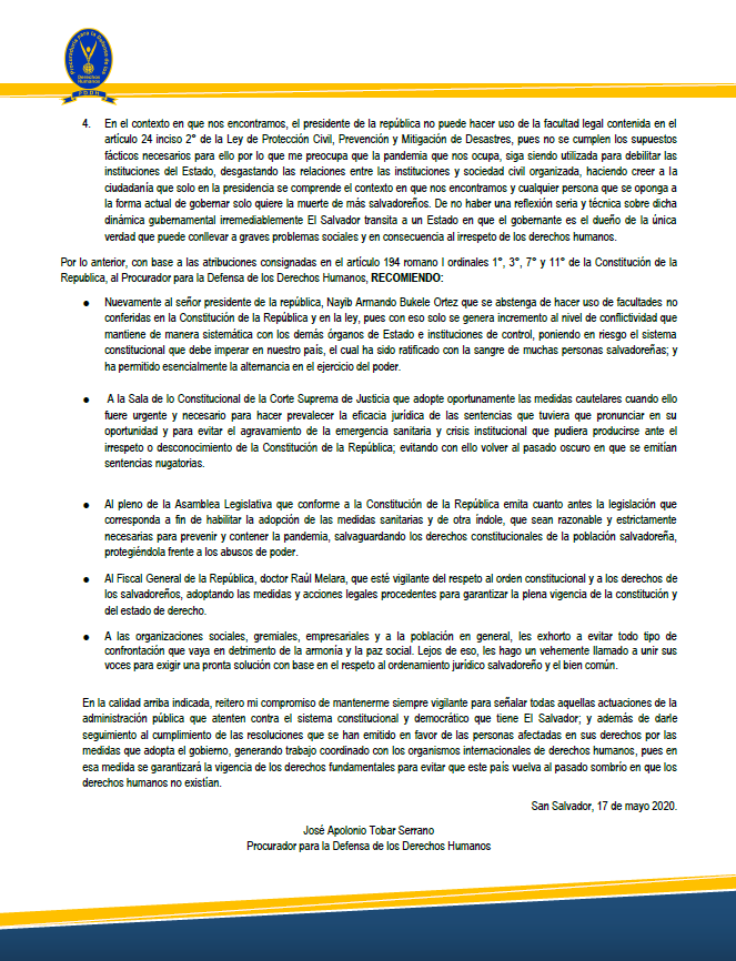 Posicionamiento del #ProcuradorDDHH #ApolonioTobar  ante la declaratoria de emergencia nacional conocida en los últimos minutos del día 16-v-2020, a través de un decreto ejecutivo <a href="/PresidenciaSV/">Casa Presidencial 🇸🇻</a> <a href="/nayibbukele/">Nayib Bukele</a> <a href="/SalaCnalSV/">Sala de lo Constitucional</a> <a href="/CorteSupremaSV/">Corte Suprema de Justicia de El Salvador</a> <a href="/FGR_SV/">Fiscalía General de la República El Salvador</a>