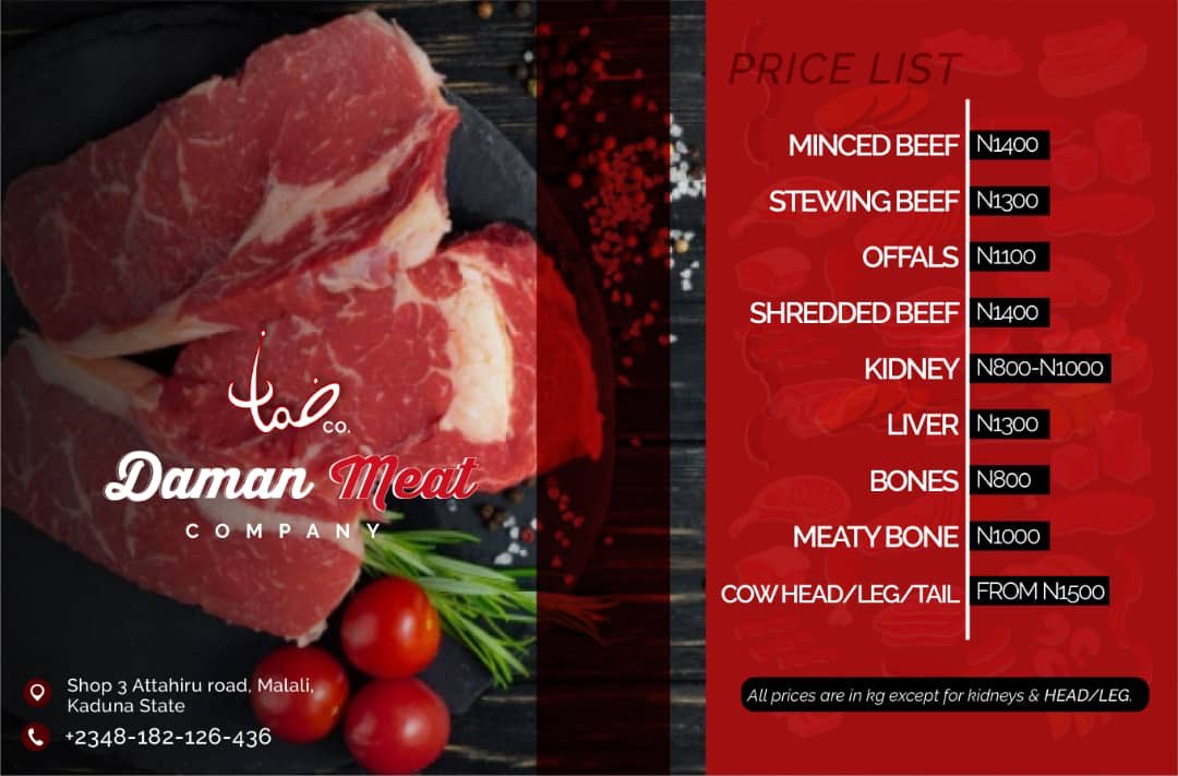 damanmeatco's tweet photo. @Zainab_S_Idris @Zahra_Yaqub_ Minced beef is #1400 ma'am
Here's our price list for some of our products you might be interested in🙂 https://t.co/TnuRjwFZg8