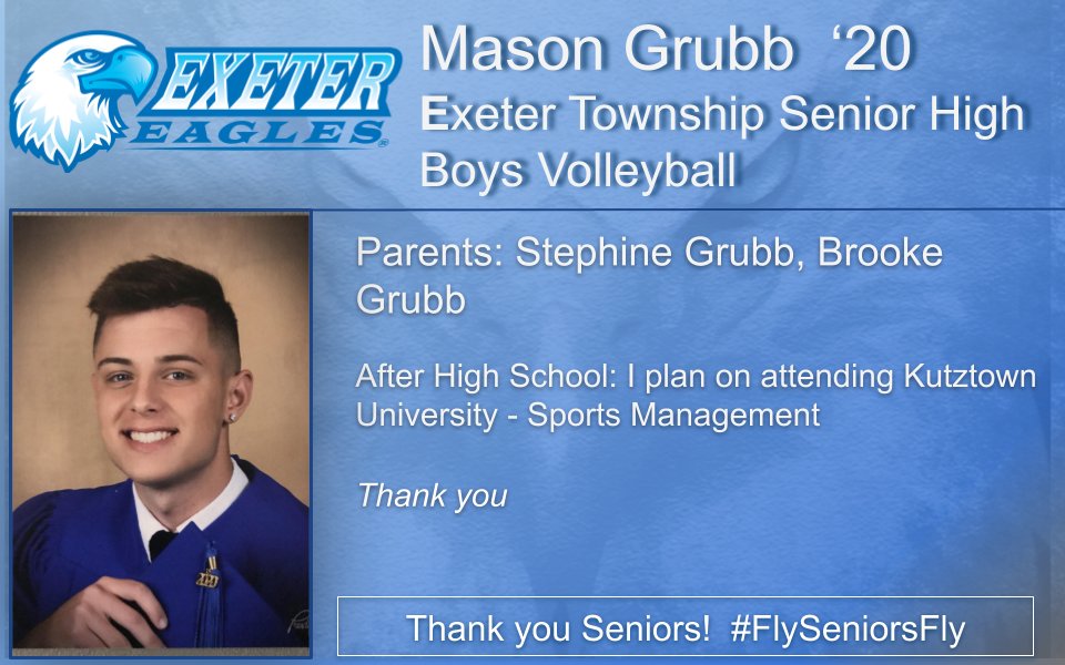 ExeterAthletics's tweet photo. It's Senior Night for our Boys Volleyball Team! Please leave comments and good wishes for Mason, as he moves on to Kutztown University!!! #FlySeniorsFly @69Sports @RE_sports @exeter_shs @SpotlightBerks Spotlight On Berks Sports The Exeter Informant https://t.co/7ZFHdFtLoG