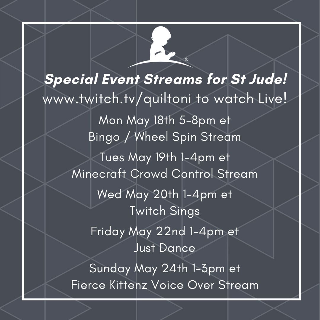 quiltoni's tweet photo. This is a week of specialty streams for St Jude! Let's have a week of torturing me!

Sponsors return in one week!

#charity #stjude #stjudeplaylive https://t.co/Hc39x2zY3h