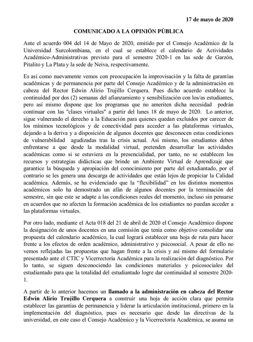 FeuHuila's tweet photo. #Usco || #Huila 
COMUNICADO A LA OPINIÓN PÚBLICA 
Ante el acuerdo 004 del 14 de Mayo de 2020, emitido por el Consejo Académico de la Universidad Surcolombiana. https://t.co/wTqF959f9f