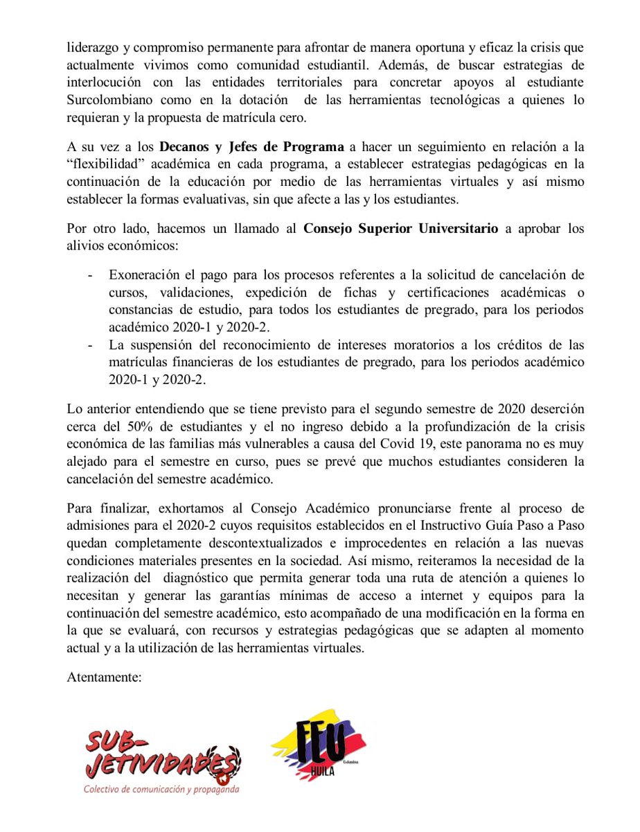 FeuHuila's tweet photo. #Usco || #Huila 
COMUNICADO A LA OPINIÓN PÚBLICA 
Ante el acuerdo 004 del 14 de Mayo de 2020, emitido por el Consejo Académico de la Universidad Surcolombiana. https://t.co/wTqF959f9f