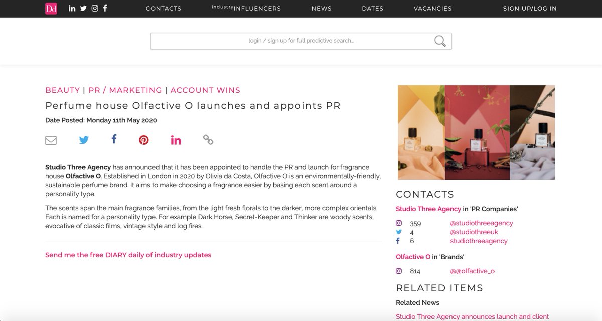 studiothreeuk's tweet photo. We'd like to end this weekend by thanking DIARY directory for announcing the launch of our client, Olfactive O, and their decision to appoint us as their PR agency! ☺️

https://t.co/mnCq038F7K

#pragency #publicrelations #pr #communications #agencylife #publicrelationsagency https://t.co/R6V2jTuPfO