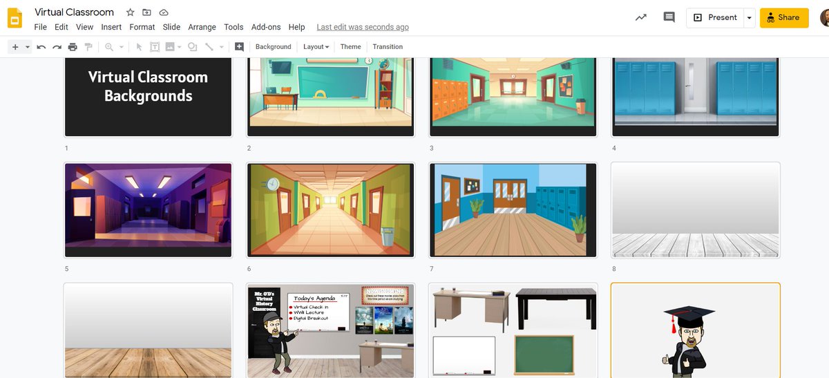 I had fun playing around with the #virtualclassroom idea. Also, here is a GSlides doc I made for others wanting some backgrounds & elements to get started with. docs.google.com/presentation/d… Remember to give attribution to where you find yours. #BitmojiClassroom