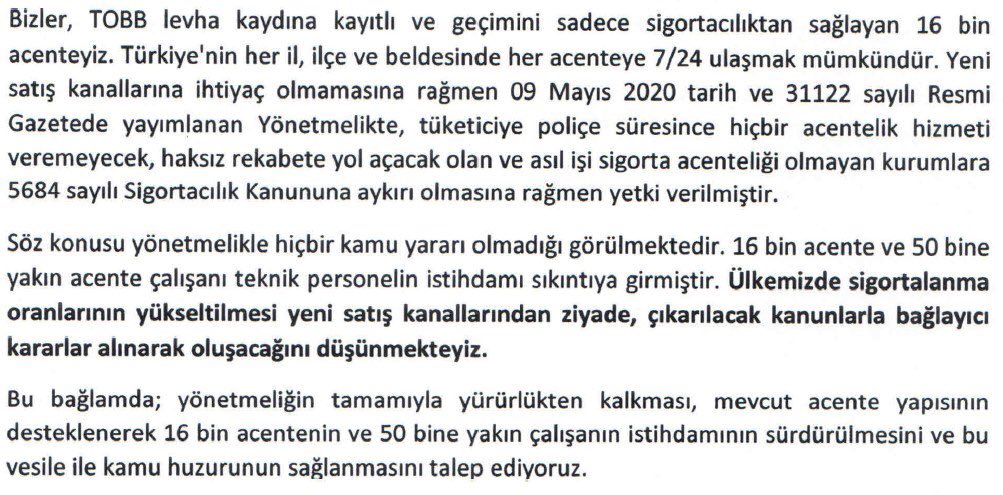 16.000 acente olarak 09 Mayıs 2020 tarihli Sigortacılık Kapsamında değerlendirilecek faaliyetler ve mesafeli akdedilen sigortalara ilişkin çıkan yönetmeliğin iptal edilmesini istiyoruz. 

#acente
<a href="/RTErdogan/">Recep Tayyip Erdoğan</a>
<a href="/BeratAlbayrak/">Berat Albayrak</a>
<a href="/ticaret/">T.C. Ticaret Bakanlığı</a> 
<a href="/RHisarciklioglu/">Rifat Hisarcıklıoğlu</a> 
<a href="/leventkorkut4/">Levent Korkut</a> 
<a href="/TOBBiletisim/">TOBB</a>