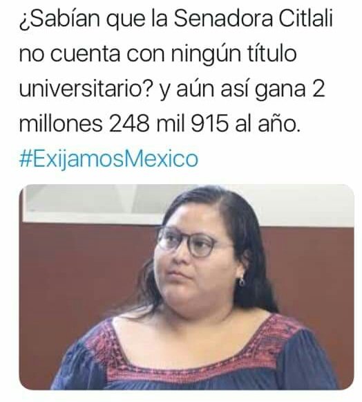 ManchadoQuijote's tweet photo. Para aquellos que sufren por el pago de sus colegiaturas ó por estar desvelando para ser un gran Profesionista; No se preocupen!!
Senadora @CitlaHM gana $2,248,915.00 al Año. https://t.co/y5biImArwu