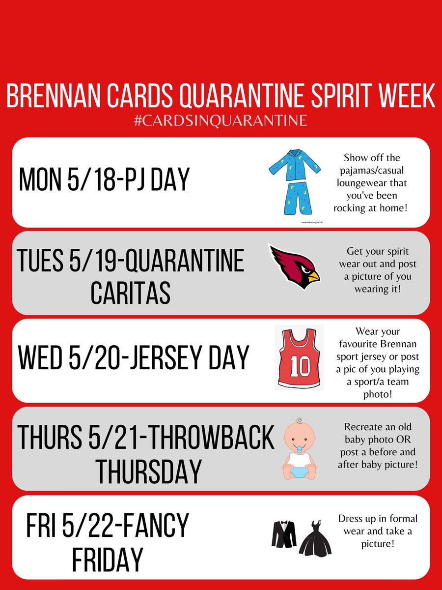 Nothing like a spirit week in quarantine, am I right? 🤩 If you don’t have an Instagram, be sure to DM us your looks on here to be featured on the Instagram story, and possibly the yearbook! #CardsinQuarantine🐣