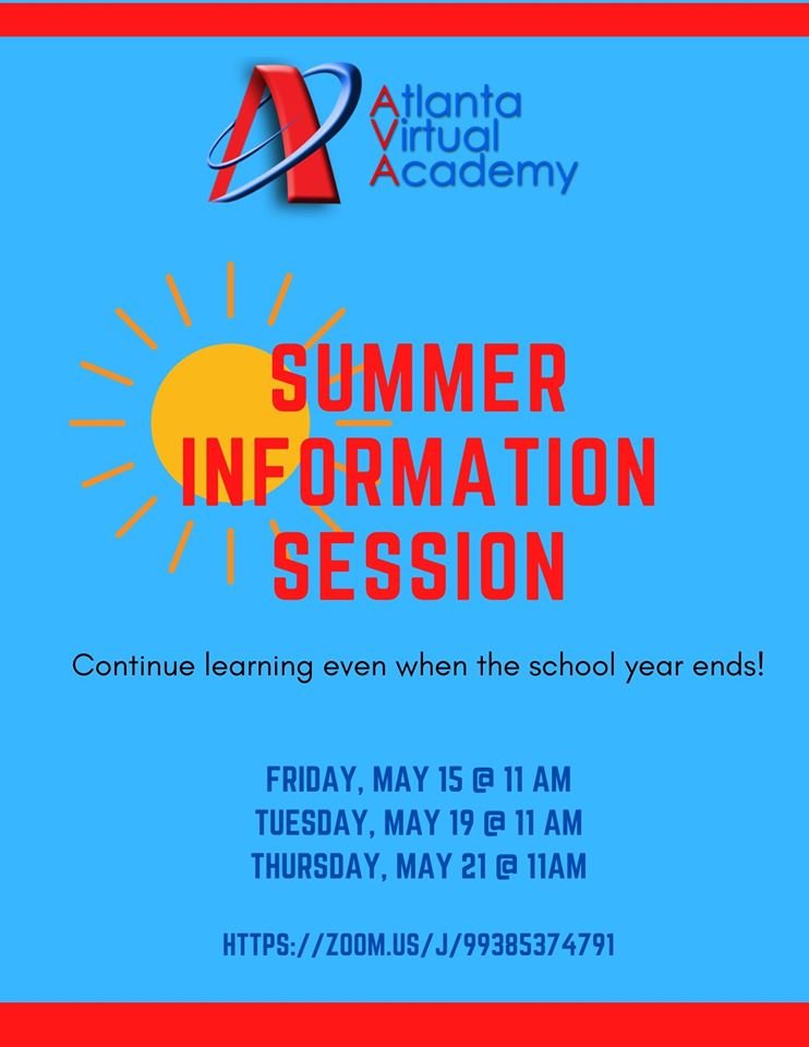 vsuggcskparents's tweet photo. Do you know a rising 9th-12th grade student who is interested in taking one or two courses this summer? The Atlanta Virtual Academy will have three virtual meetings to discuss our 2020 summer session. Visit us online at https://t.co/3MWp2Hv7ea . https://t.co/l8wskJYG6p