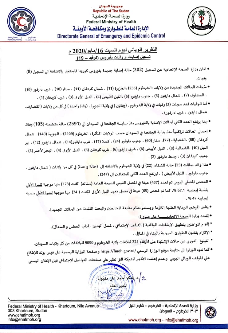 جمهورية السودان
وزارة الصحة

التقرير الوبائي اليومي