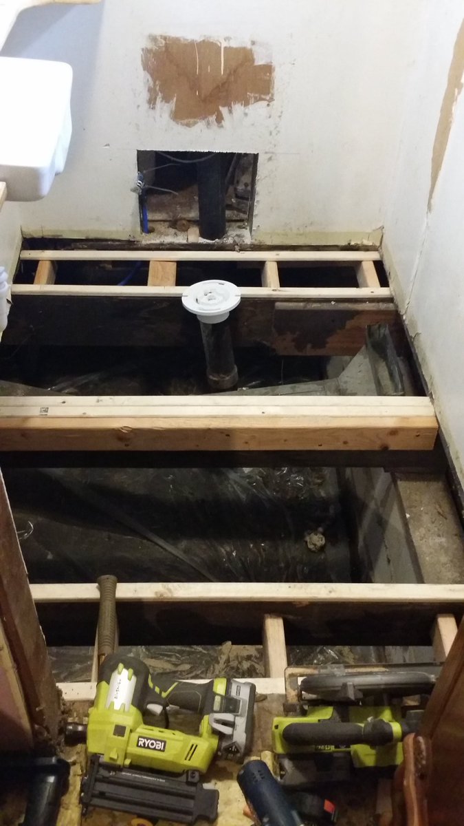 So from the nasty floor I left off with yesterday the batten boards were out by lunch. Run to the store for a scab board for a floor joist, then built up the joists so the new subfloor aligns with the rest of the floor. Finished installing the subfloor just a few minutes ago 