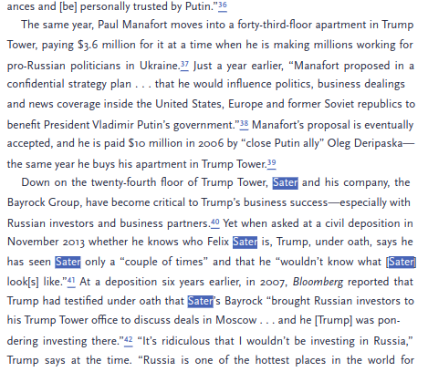 Let's begin. First, you linked Sater to Trump, Russian investors, and state for years Sater would "deliver a large number of Russian clients to Trump and be instrumental in finding Russia-born partners for the biggest Trump construction project of the 2000s, Trump SoHo."