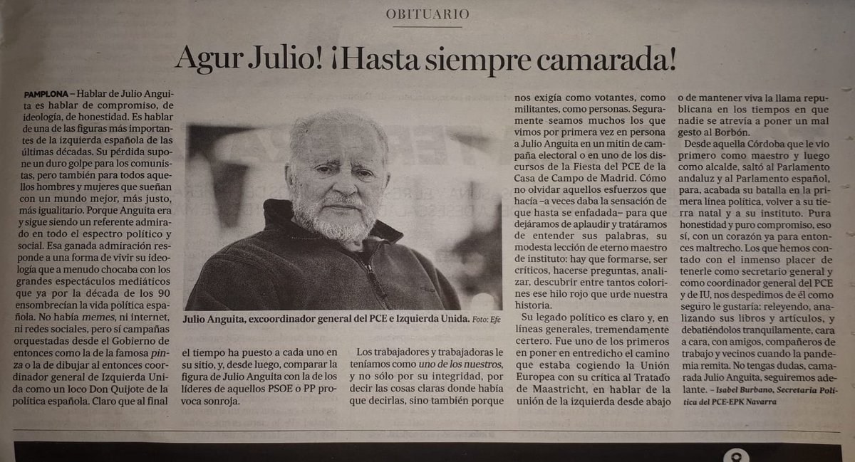 IunNebBaranain's tweet photo. Agur Julio! ¡Hasta siempre camarada! Obituario desde @EPKPCENavarra en recuerdo de Julio Anguita, publicado en varios medios. #DEPJulioAnguita
https://t.co/4seIj9CUfR https://t.co/t9vOPWWMiK