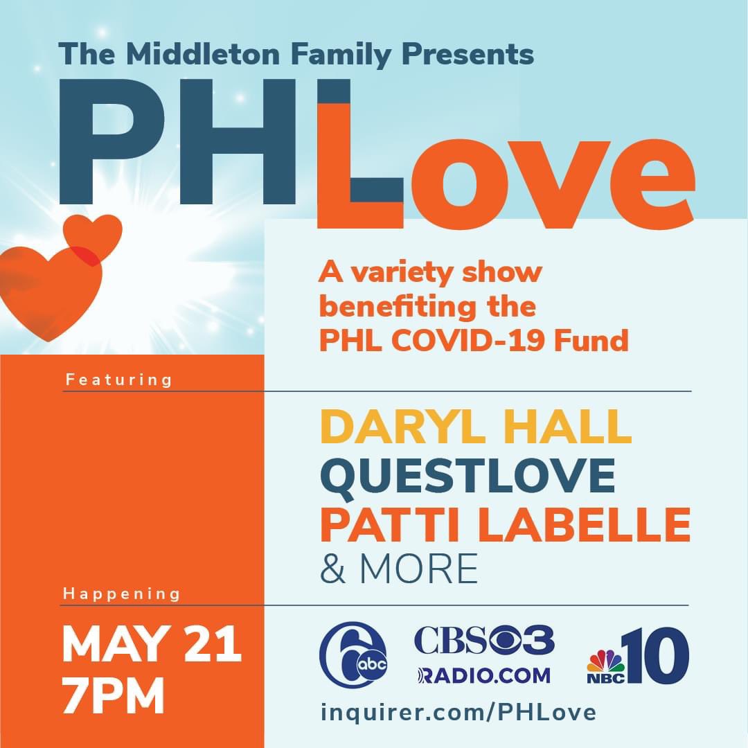 HoagieNation's tweet photo. The PHL COVID-19 Fund is excited to announce it will host PHLove, presented by the Middleton Family, on Thursday, May 21 at 7PM to support the Fund. @realdarylhall, @questlove, and @MsPattiPatti will headline PHLove! 
 
More information at https://t.co/uD161Me0AK https://t.co/SqQPz4ntlJ