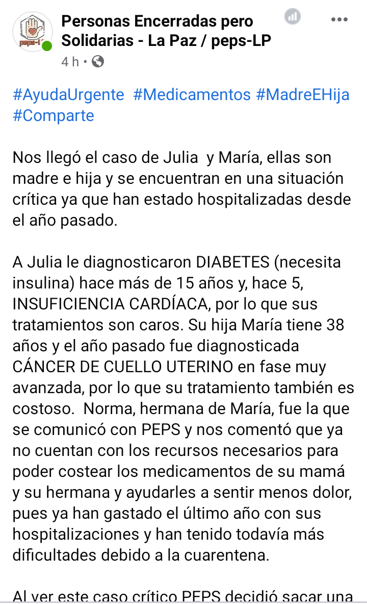 BoSolidaria's tweet photo. #Urgente
Lxs amigxs de #PEPSLP se encuentran en campaña para lograr ayudar a Julia y María. Ellas se encuentran en una situación médica crítica, han estado hospitalizadas desde el año pasado y necesitan medicamentos urgentes.
Por favor contáctate al 63079099 si puedes ayudar. https://t.co/X4f38srZ35