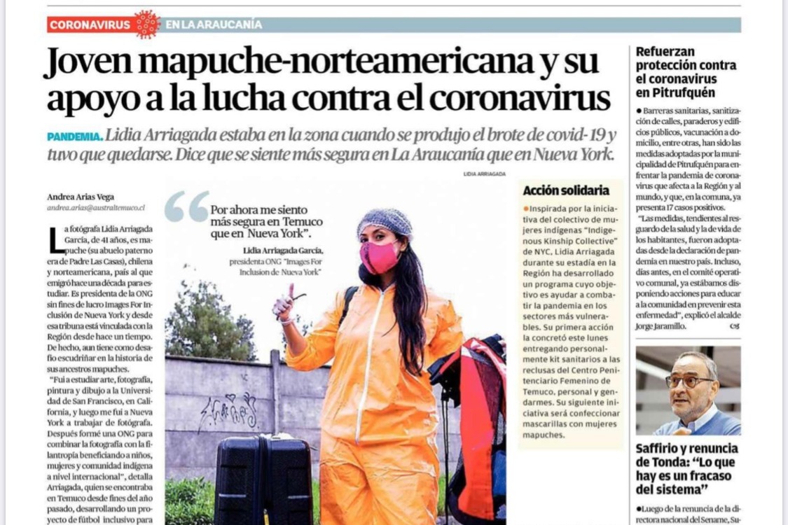 "Young Mapuche/North American and her support to fight the Coronavirus." Check out Lidia's amazing work and help our Mapuche COVID19 Relief Fund raise money for masks, gloves, hand sanitizer, and food for Indigenous womxn in Chile. Link in bio.