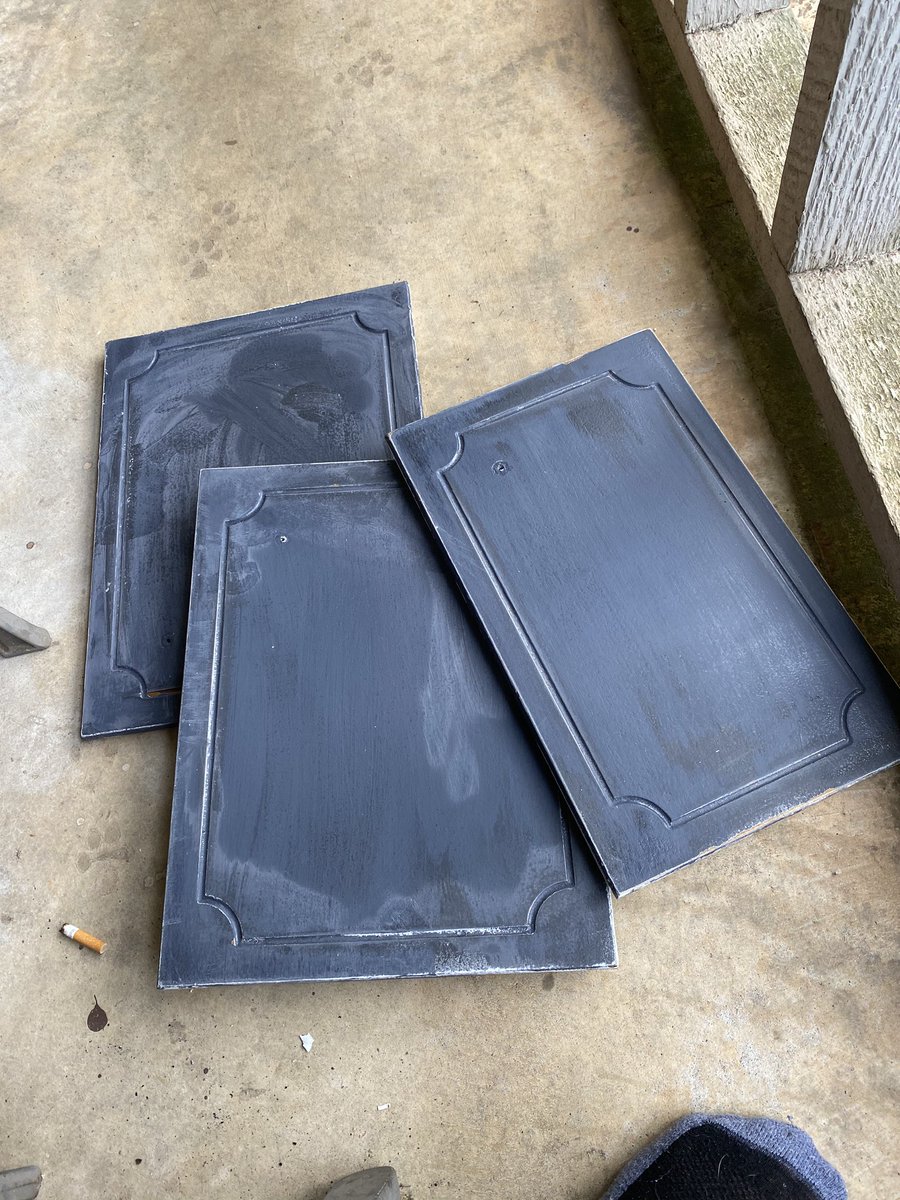 These look pretty cool. Did a quick wet sand with Diet Coke. I guess that’s a Ron Swanson thing to do. Going to paint the back and then test the spray varnish and they should hopefully be good to go with that and put them back on the vanity. Still have the drawers to do.