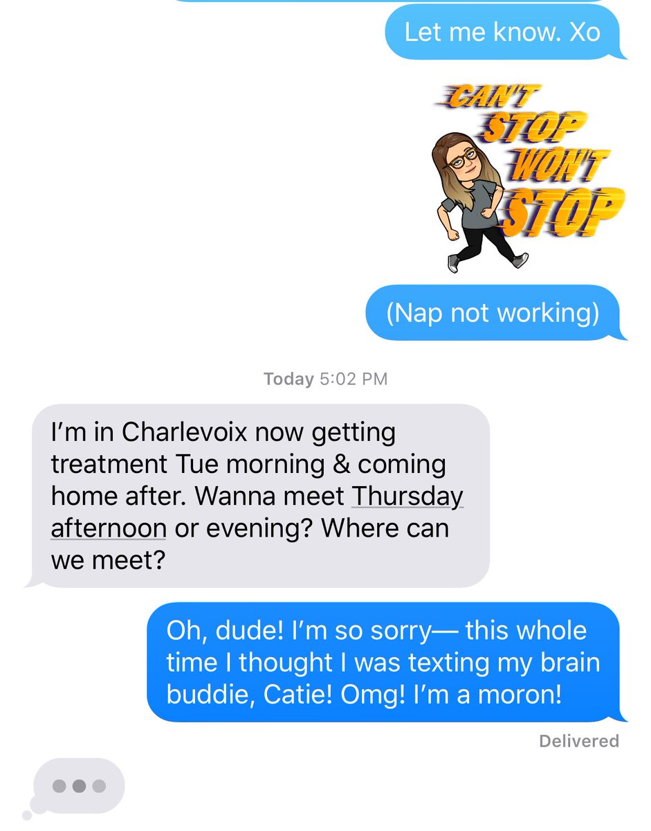 Lifeiskitsch's tweet image. When you text your friend all day &amp;amp; she’s not responding back... &amp;amp; then you realize... you were texting a dude you met in a Gilda’s Club Brain Group. 😑🤔 #MollyProblems