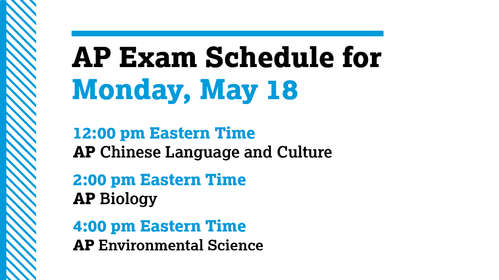 CollegeBoard's tweet photo. ---- Tomorrow's AP Exam Schedule -----

✅ Get the test day checklist. https://t.co/5UkylBGcWi
⏰ All AP exams start at 12 pm, 2 pm and 4 pm Eastern Time. You can use this time zone converter if you're unsure of your local testing time: https://t.co/kxPX6saEqY. https://t.co/r5ErDLSvv4