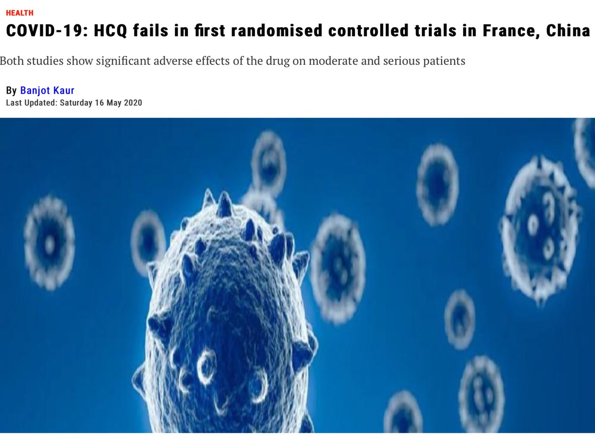 Anti-malarial drug  #Hydroxychloroquine claimed by many to show promise in combating the novel coronavirus  #COVID19 failed in two separate randomised controlled trials conducted in France and China.Both studies show significant adverse effects. @Le___Doc https://www.downtoearth.org.in/news/health/amp/covid-19-hcq-fails-in-first-randomised-controlled-trials-in-france-china-71171?__twitter_impression=true