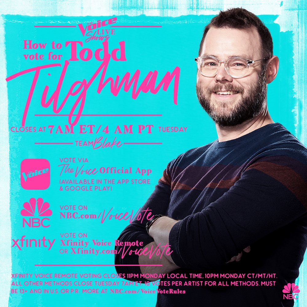 todd_tilghman's tweet photo. Y’all go on ‘head and warm up those voting fingers! @NBCTheVoice @blakeshelton #TheVoice #Finale #TeamBlake https://t.co/md0PWoJQEK