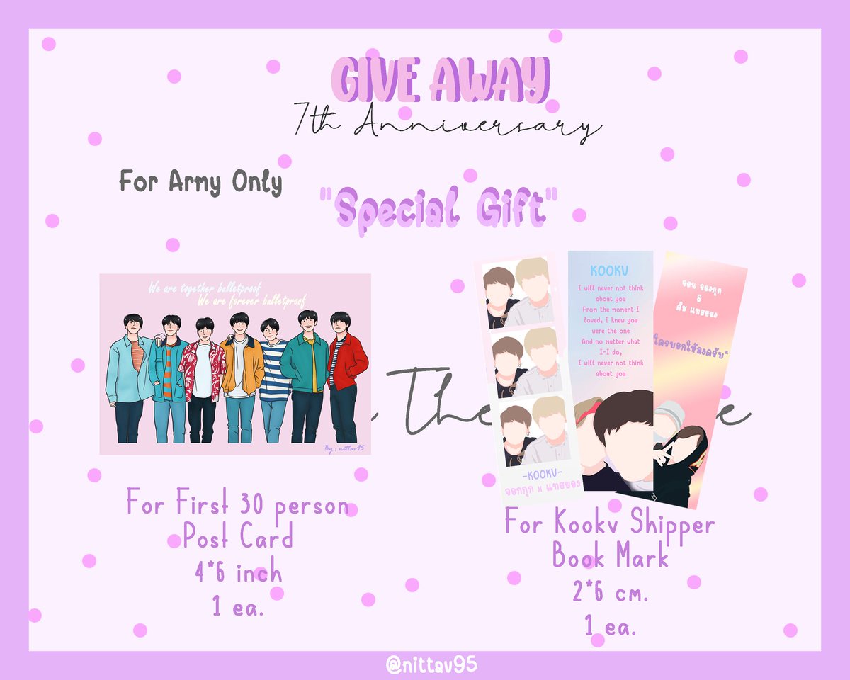 nittav95's tweet photo. (Pls rt )🌟
-GIVE AWAY- 🎁
#BTS7thAnniversary #7YearsWithBTS 
รีทวิตนี้แจกฟรี 7 คน รบกวนเมนชั่นถึง @bts_twt ด้วยนะคะ ประกาศตอนของมาถึง
รายละเอียดตามภาพ
🌟reg. 40.- 
เราจะหักค่าส่ง7.-/set ร่วมโดเนทบ้าน ARMYLAND_TH ค่ะ
🌟แลก DM มาได้เลยค่ะ 😊
ฟอร์มอยู่ใต้เมนชั่นค่ะ💜 https://t.co/Tt8hI2LsjE