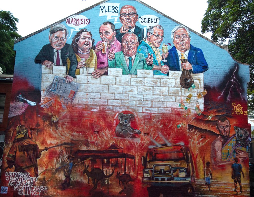 Our goverment is the coal lobby. The Coalition, coal industry and conservative media are one intertwined beast. 

This mural is titled “The Ivory tower” and is inspired by @greenpeaceap documentary Dirty Power: Dirty Country. 
act.gp/burnt-country

#burntcountry #dirtypower