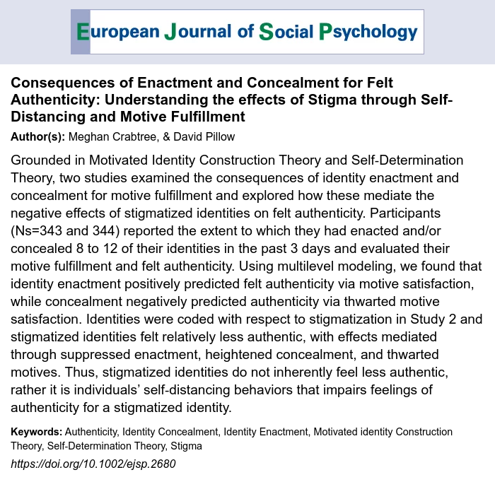 EASP (@easpinfo) on Twitter photo ** New Article ** by Meghan Crabtree, & David Pillow — Consequences of Enactment and Concealment for Felt Authenticity: Understanding the effects of Stigma through Self‐Distancing and Motive Fulfillment <a href="/Meghtree/">Meghan Anne Crabtree, Ph.D</a>
#esjp_journal doi.org/10.1002/ejsp.2… ** New Article ** by Meghan Crabtree, & David Pillow — Consequences of Enactment and Concealment for Felt Authenticity: Understanding the effects of Stigma through Self‐Distancing and Motive Fulfillment <a href="/Meghtree/">Meghan Anne Crabtree, Ph.D</a>
#esjp_journal doi.org/10.1002/ejsp.2…