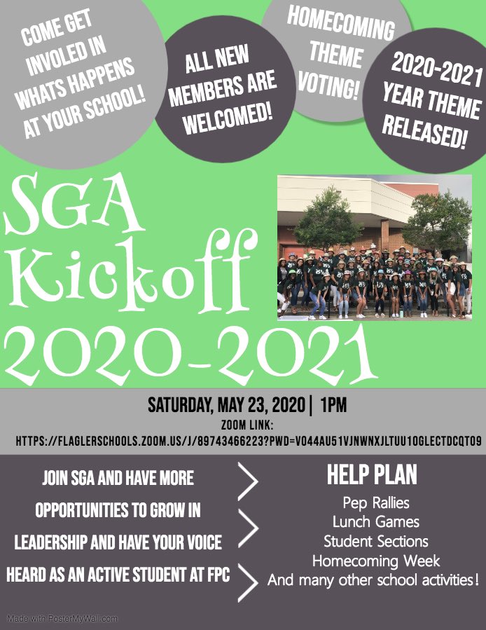 FPCSGA's tweet photo. This upcoming Saturday is our kickoff meeting !! Come join us on Zoom for some fun and get an opportunity to share your ideas for the upcoming school year!  It’s going to be a blast ! #FPCgoesvirtual @FPCHS @ITMSMUSTANGS @BTMSeagles @FlaglerSchools https://t.co/FpjVBi1IxK