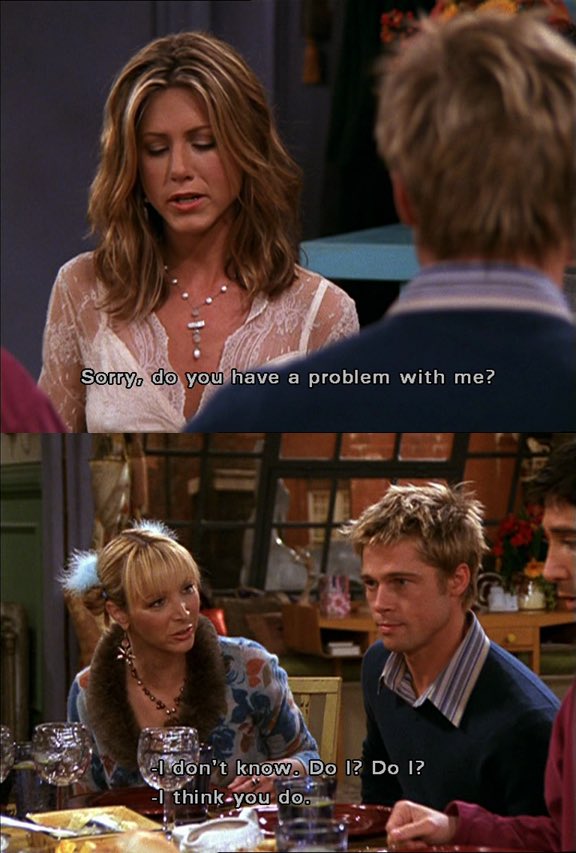 friends_quotes1's tweet photo. Will: Rachel Green, Queen Rachel does whatever she wants in little Rachel land. (Does a fake hair flip)
Joey: (To Monica) Seriously, who is this guy?
Rachel: Um, I’m sorry. Do you have a problem with me?
Will: I don’t know? Do I? Do I?
Phoebe: I think you do.
#TheOneWithTheRumor https://t.co/oQPDepfDUG