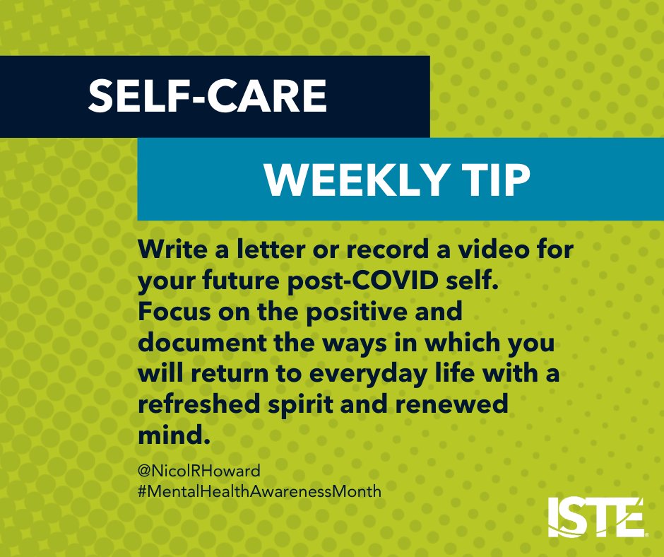 ICYMI, we're sharing #selfcare tips from ISTE authors for #MentalHealthAwarenessMonth! First up: <a href="/NicolRHoward/">Nicol R. Howard, PhD</a>. ⤵️

Have tips of your own? Share them with us! #MentalHealth