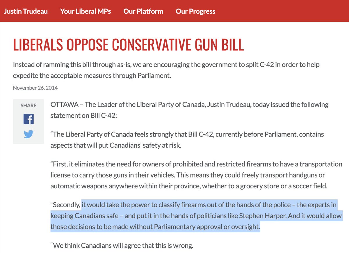 FirearmsInCDA's tweet photo. Libs: "it would take the power to classify firearms out of the hands of the police – the experts in keeping Canadians safe – and put it in the hands of politicians like Stephen Harper. 

And it would allow those decisions to be made without Parliamentary approval or oversight." https://t.co/O93fsCKOao