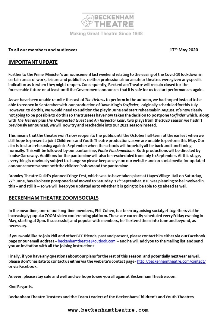 Here's an important update from the theatre's trustees. As we won't be able to hold auditions in June or July, our production of Foxfinder in September has been postponed to 2021 and we now hope to reopen in late October instead. Keep a check on the website for further updates!
