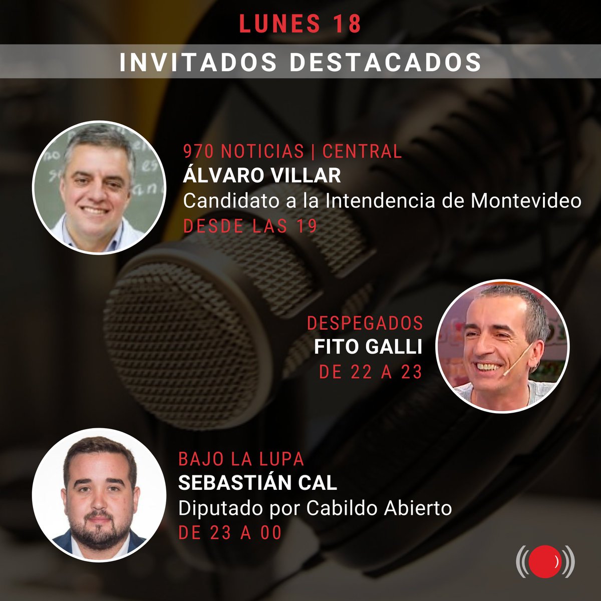 universal970's tweet photo. ▶️ Lunes:
➡️ @NachoTvShow, corresponsal desde Buenos Aires, en @encuentro970
➡️ @andymenache en @DeTaquito970
➡️ @GustavoPenades en @970noticias mediodía
➡️ @alvillar en @970noticias central
➡️ @fitogalli en @despegados6
➡️ Sebastián Cal en @BajoLaLupauy https://t.co/48QcqLKDRd